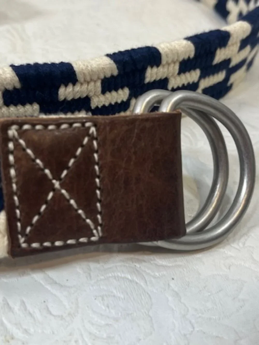 J.Crew Navy Blue & White Woven Cotton Belt Leather Trim Double D-Ring Buckle S-M